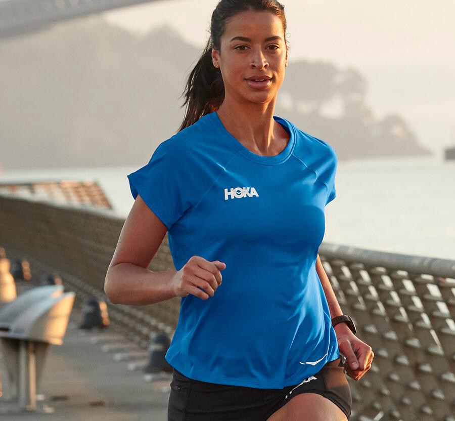 Hoka One One Performance Kort Sleeve Top Dam - Blå - FVOXU-1458